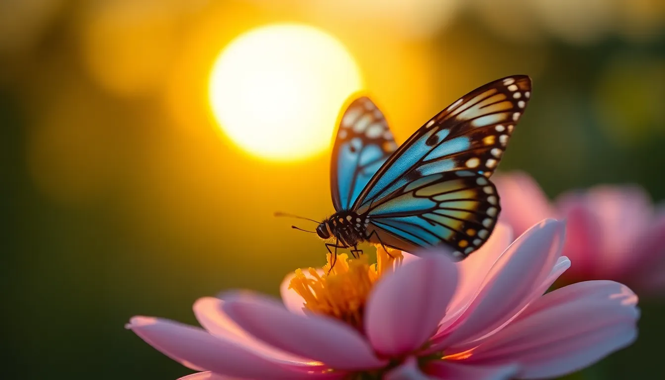 A stunning close-up of a butterfly resting delicately on a flower during golden hour. The warm backlighting creates a mesmerizing halo effect around the butterfly, highlighting its intricate wing patterns. Rich, saturated colors contrast beautifully with the soft pastel hues of the flower, while leading lines draw the viewer’s attention. This enchanting scene captures a fleeting moment in nature.