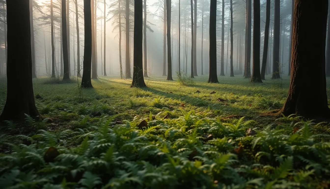 Misty Forest at Dawn with Ferns