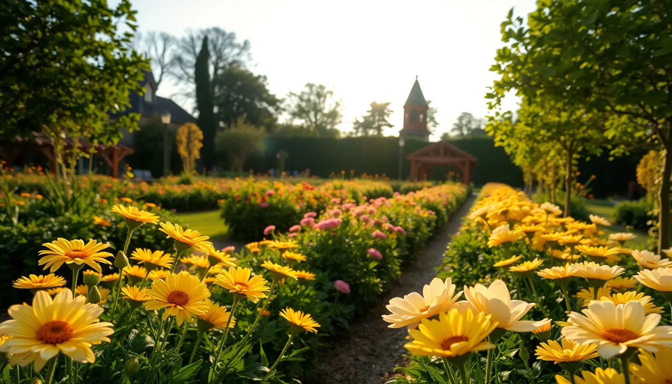 A vivid scene from a thriving botanical garden, illuminated by the warm glow of late afternoon sunlight. The composition features vibrant flowers in soft pinks and bright yellows, with leading lines captivating the viewer's gaze through the lush greenery. Sharp detail captures the delicate textures of the petals, while the long shadows add depth to the entire setting. This image conveys a sense of tranquility and beauty in nature.