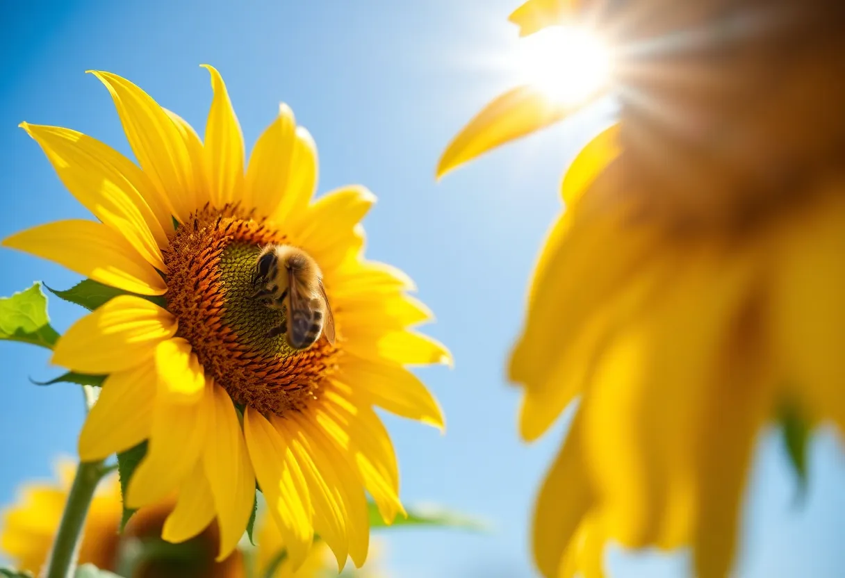 This striking close-up image showcases a honeybee delicately perched on a vibrant sunflower, taken under a clear blue sky. The hyperfocal focus allows every detail of the bee's fuzzy body and the sunflower's petals to shine. The vivid colors, inspired by Velvia film, create a lively scene, representing the beauty of nature's pollinators. Pushing the subject to the left power point enhances the composition, drawing the viewer's eye across the frame.