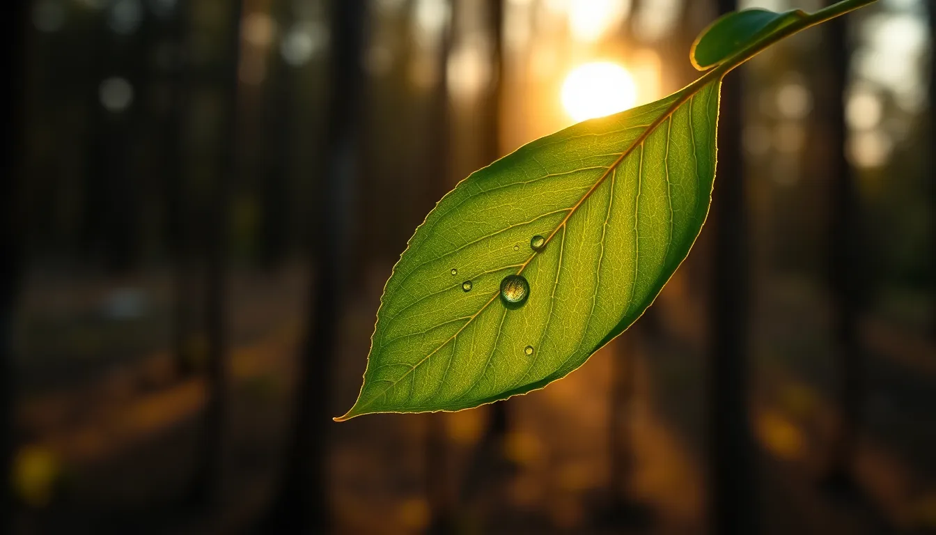 A close-up image of a vibrant green leaf adorned with dew droplets, captured during the golden hour. The warm backlighting enhances the textures and colors of the leaf, creating a serene and tranquil mood. The soft focus of the forest background beautifully contrasts with the clear details of the leaf, showcasing nature's beauty. This composition emphasizes the intricate veins of the leaf, making it a striking representation of biological detail.