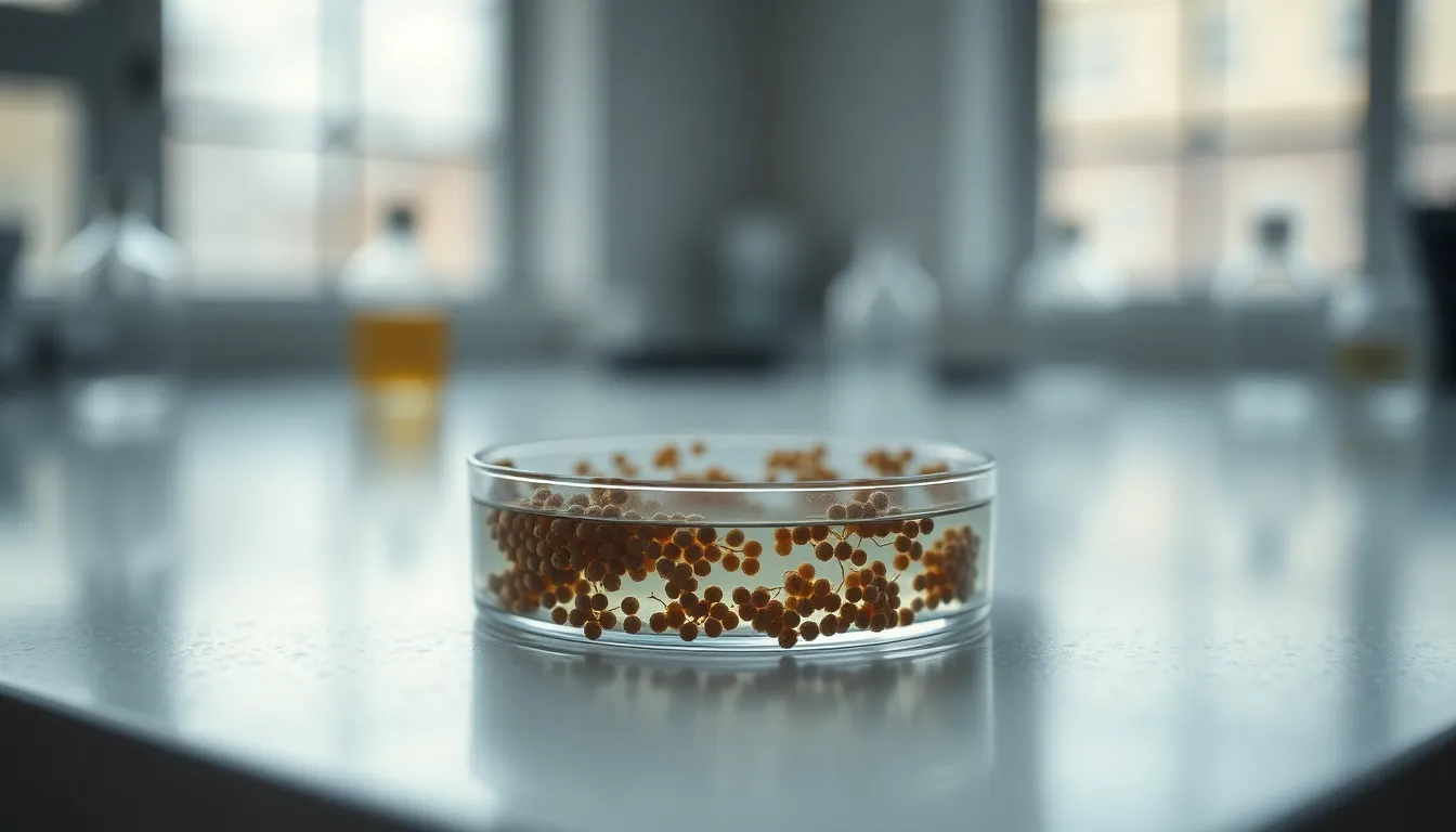 Petri Dish with Growing Bacterial Cultures A close-up photograph of a petri dish showcasing vibrant bacterial cultures thriving in a laboratory setting. The soft, diffused daylight enhances the natural colors and textures of the cultures, while the macro lens captures intricate details. The composition draws the viewer's focus to the left side of the dish, emphasizing the beauty of science. The muted tones create a calm, professional atmosphere.