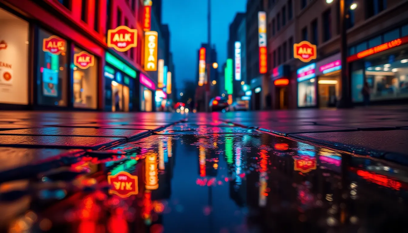 This striking photograph captures the vibrant reflections of neon signage on wet city pavement, creating an electric atmosphere. The warm tungsten glow enhances the colors, while the tilt-shift effect adds a unique miniature feel. Deep blues and vivid greens, inspired by Fujifilm Velvia, bring the scene to life. The dynamic Dutch angle engages viewers, leading them into the bustling urban environment. Detailed textures of the wet pavement emphasize the beautiful interplay of light and color.
