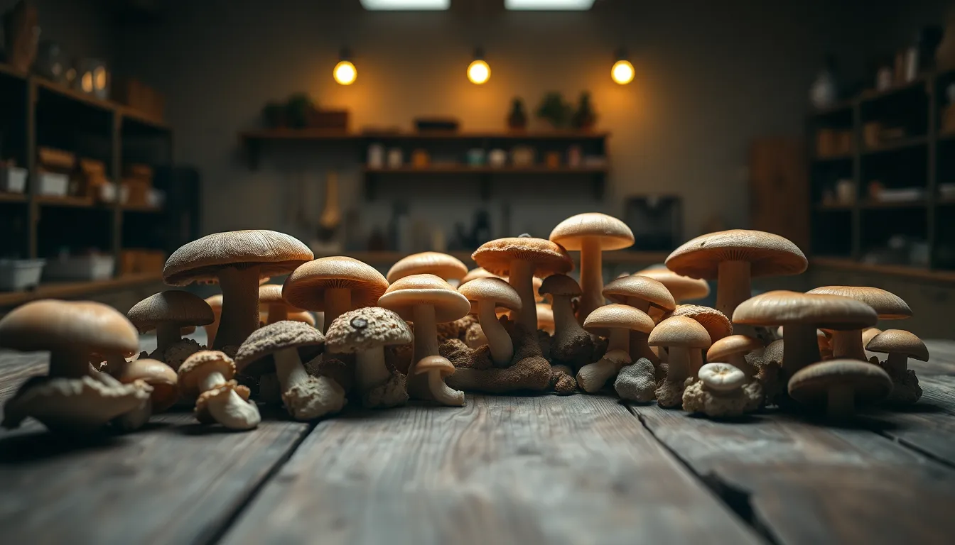Fungi Collection on Rustic Wood Table