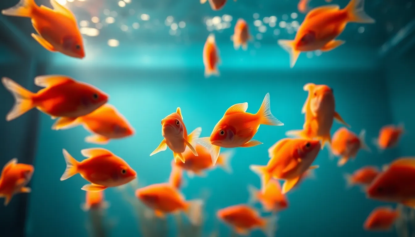 Vibrant Goldfish Swimming in Aquarium A lively scene of numerous goldfish swimming in a clear aquarium. The fish, with their bright orange scales and delicate fins, create a vivid contrast against the serene blue water. Bubbles rise gently to the surface, adding a dynamic element to the peaceful setting. The image captures the fluid motion and grace of the fish, highlighting their natural beauty in a tranquil aquatic environment.