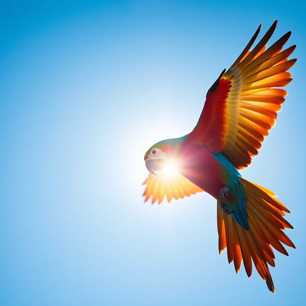 Vibrant Parrot in Flight Against Blue Sky