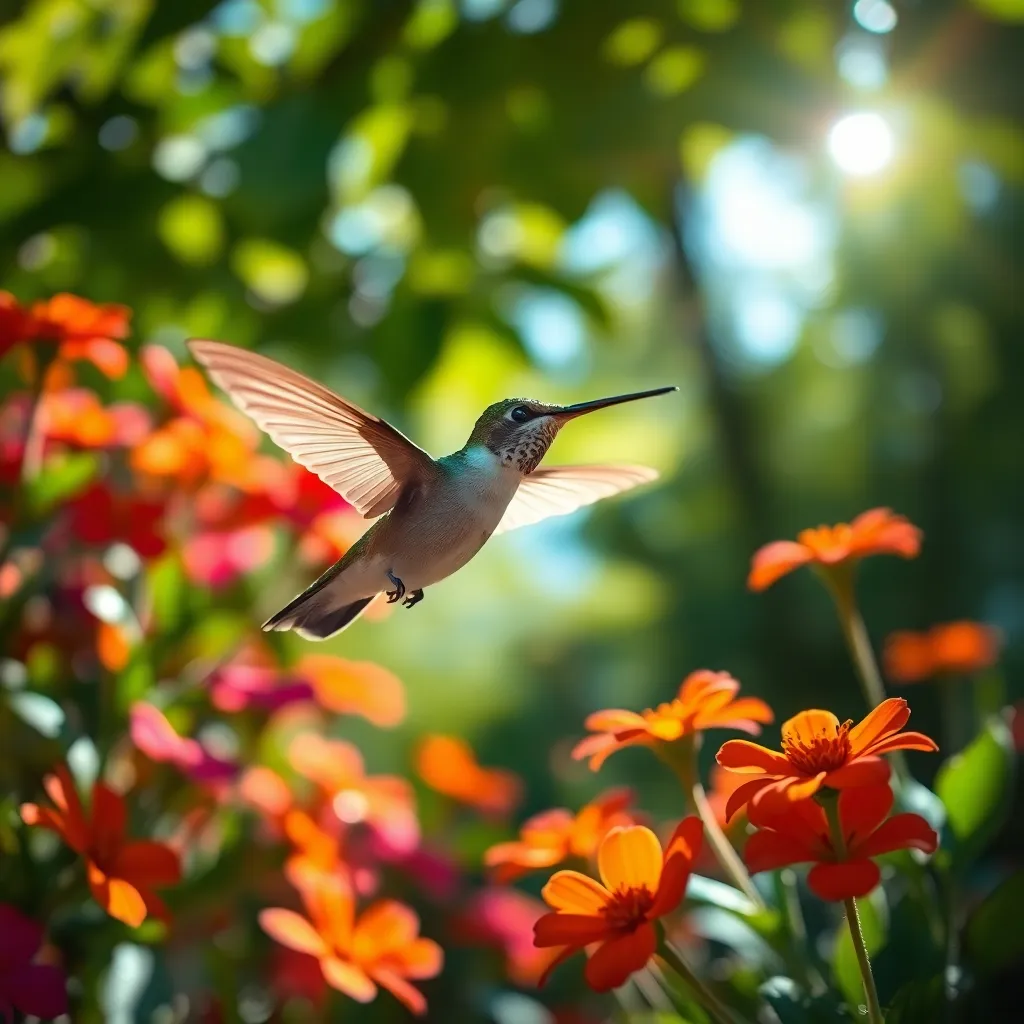 Hummingbird Hovering Near Colorful Flowers