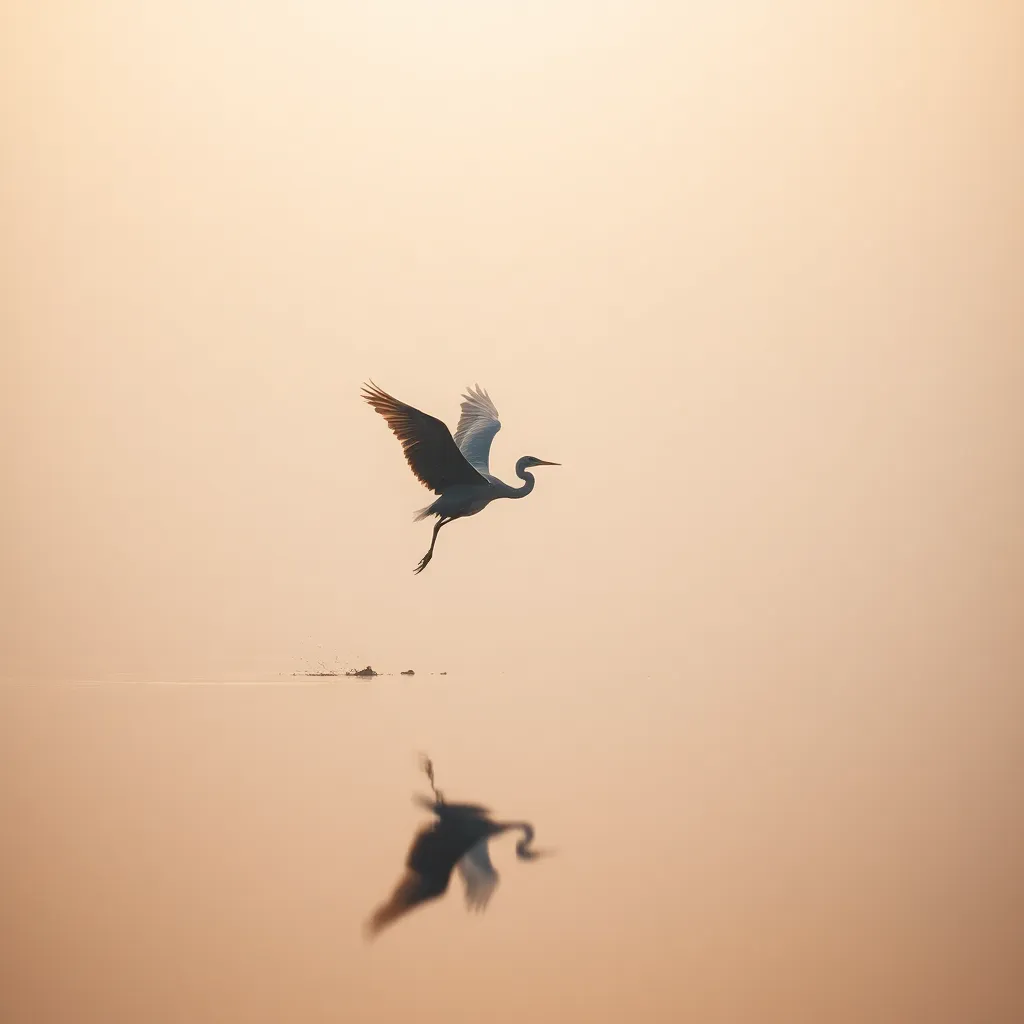 Heron Taking Off at Dawn Over Misty Lake