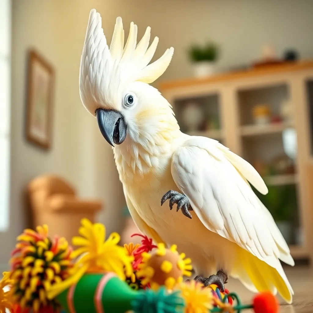 Cockatoo Playing with Toys Indoors