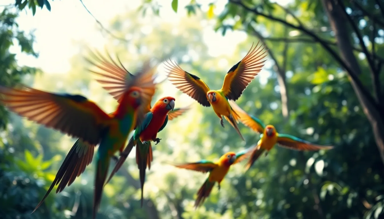 Playful Flock of Parrots in Mid-flight