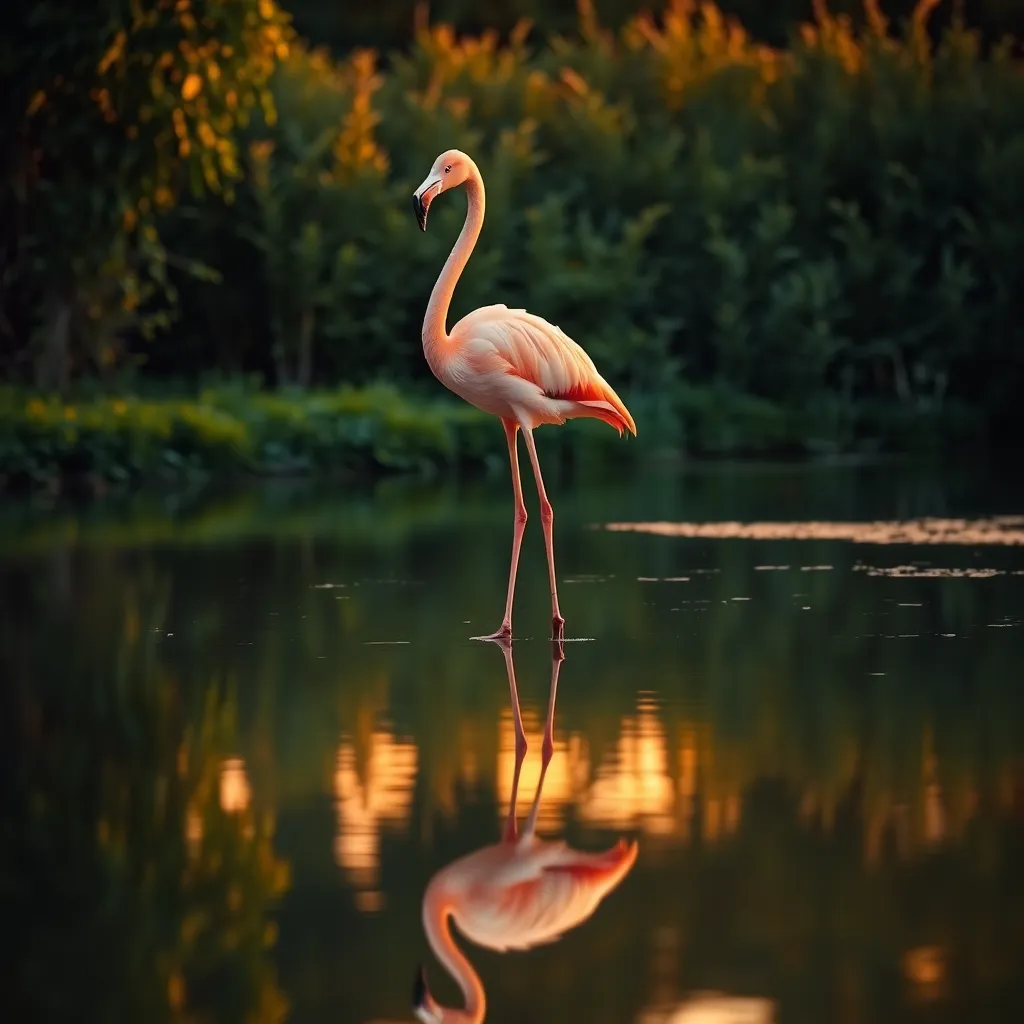 Elegant Flamingo by Reflective Pond