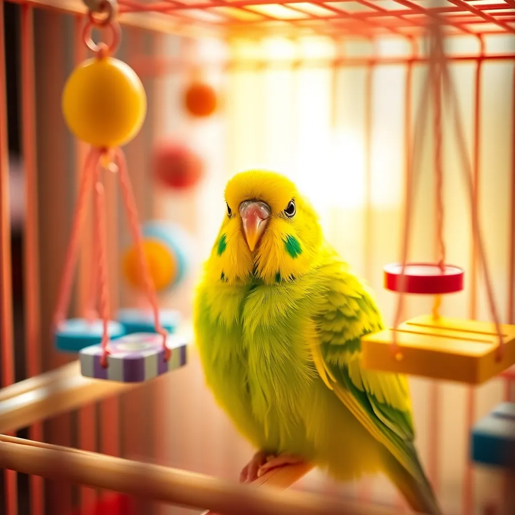 Budgie in Colorful Birdcage