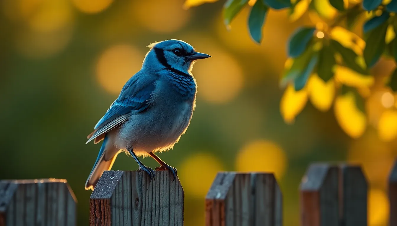 A stunning image of a blue jay sitting on a rustic wooden fence, captured during the enchanting golden hour. The warm backlight brings out the vivid blues of its feathers, while soft sunlight creates an ethereal atmosphere. The foreground features a beautifully detailed bird, with a blurred natural backdrop that highlights its beauty. This image radiates a sense of tranquility and connection with nature.