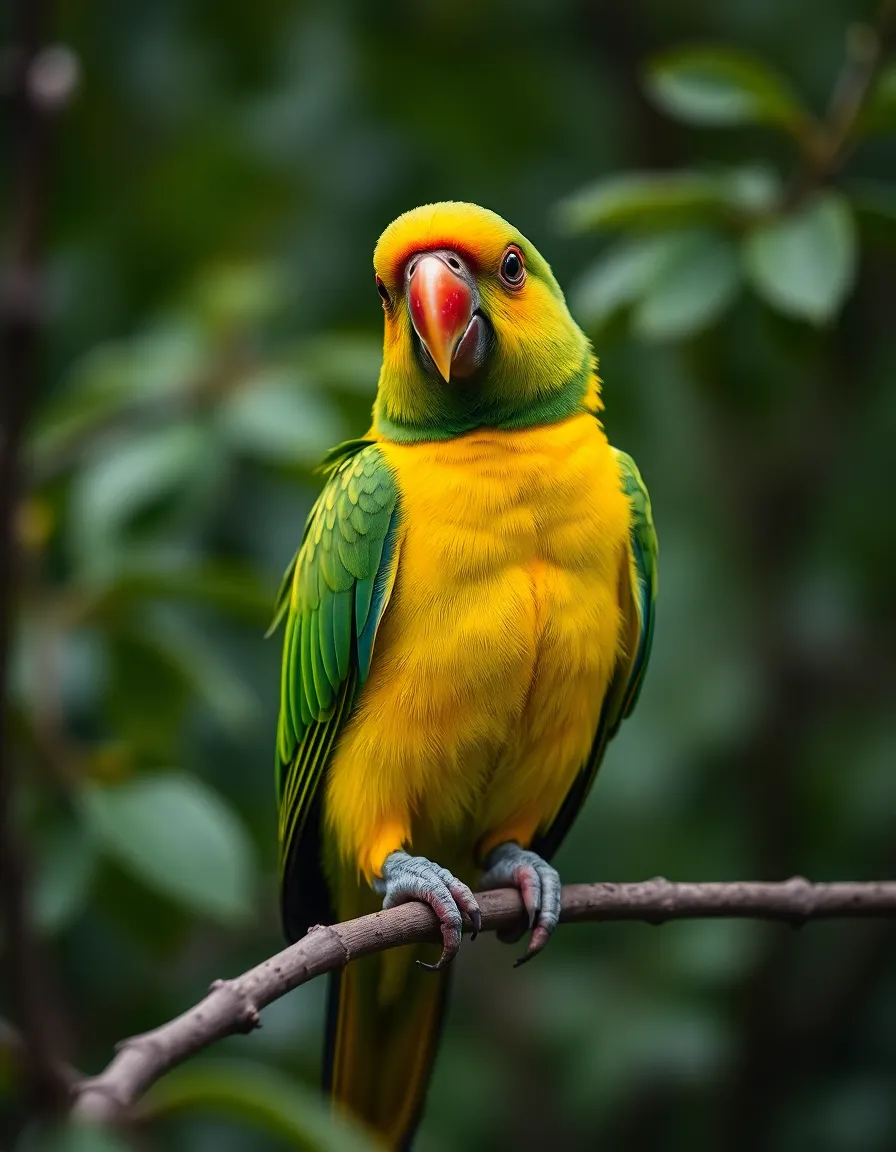 A vivid portrait of an inquisitive parrot perched on a branch under soft overcast light. The image bursts with saturated colors, highlighting the parrot's bright feathers against a beautifully blurred background of lush greens. The symmetrical composition draws the viewer's gaze directly to the bird, showcasing its striking coloration and natural textures.