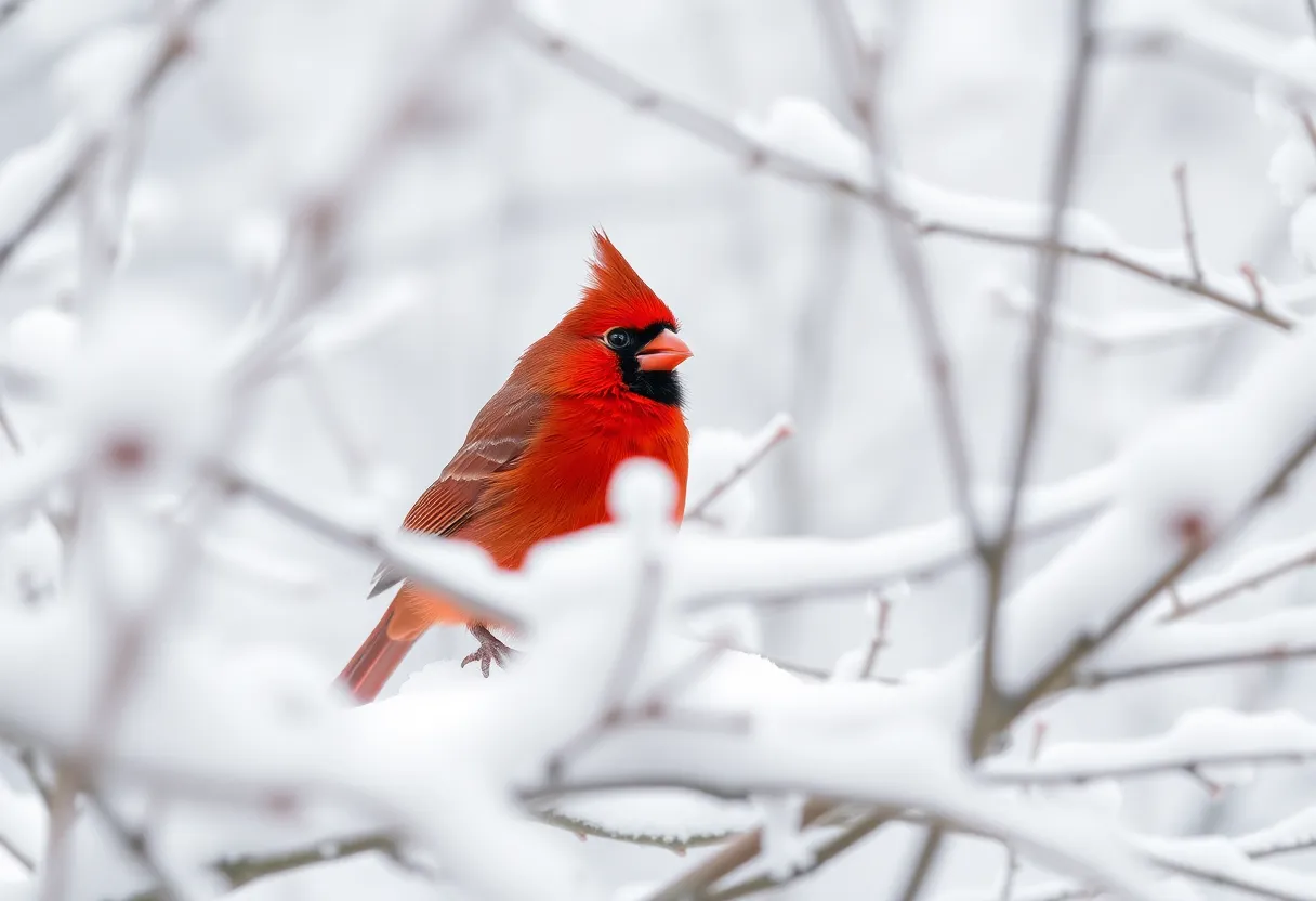 This stunning image captures a vibrant Blue Jay perched amidst a snowy landscape during golden hour. The bird's brilliant blue and white feathers are beautifully illuminated by the warm backlight, contrasting elegantly against the soft white snow. With intricate snowflakes and blurred branches in the background, the photograph evokes a serene winter atmosphere. The composition draws the eye to the jay, inviting appreciation of its natural beauty.