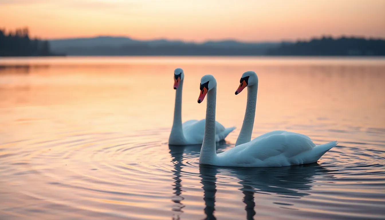 Elegant Swans Gliding on Serene Lake