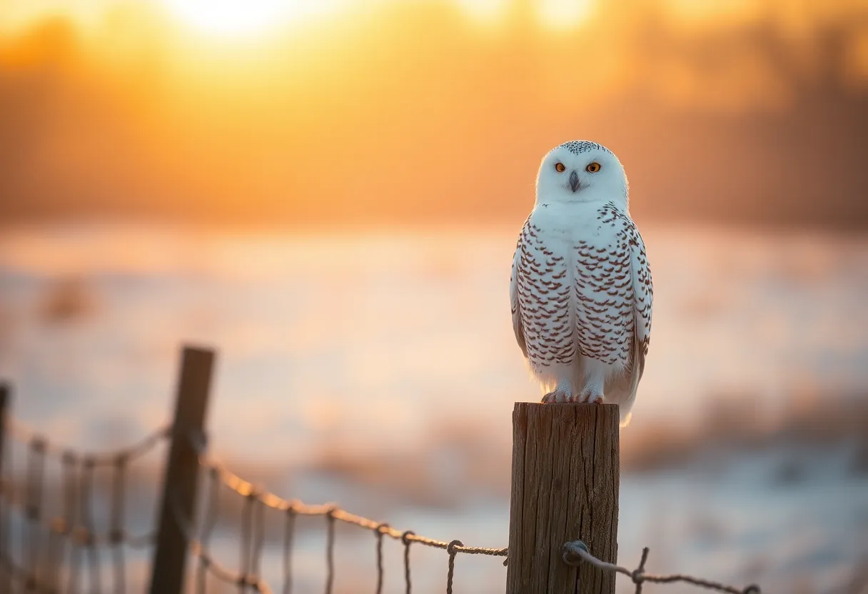 A solitary snowy owl perches elegantly on a wooden fence post, illuminated by the warm, golden light of the setting sun. This beautiful scene captures the essence of nature in winter, with soft textures of the owl's feathers glowing in the sunlight. The shallow depth of field creates a dreamy background, focusing on the owl's striking gaze. The composition balances the bird with negative space, enhancing the sense of tranquility in this serene moment.