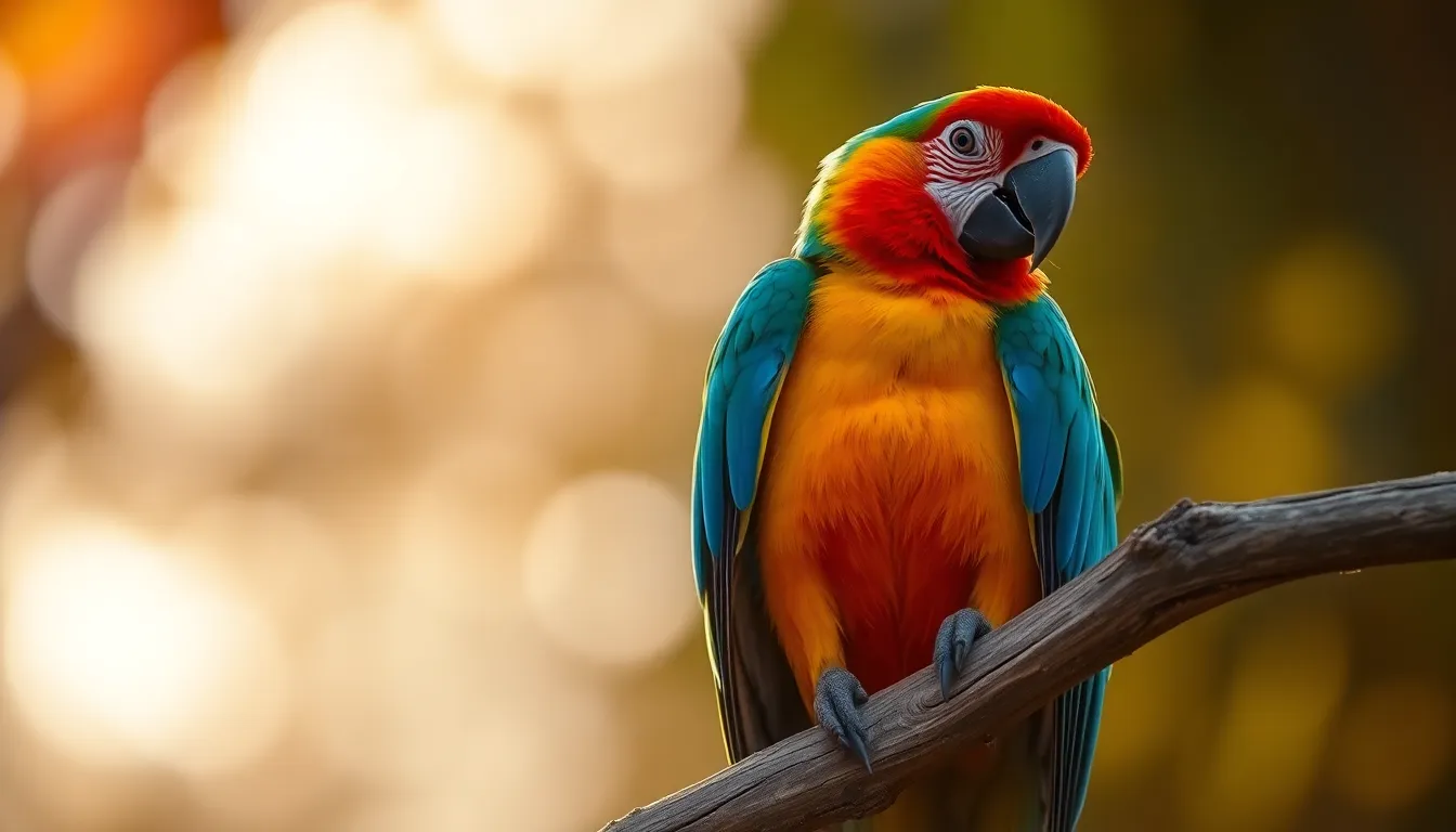 A stunning macaw perches gracefully on a weathered branch during the golden hour, illuminated by soft backlighting that highlights its vivid feathers. The rich blues, greens, and yellows of the bird contrast beautifully against the warm tones of the sunset sky. With a shallow depth of field creating a soft bokeh background, the image invites the viewer into a serene tropical setting. The intricate textures of the macaw's feathers and bark come alive, showcasing nature's beauty.