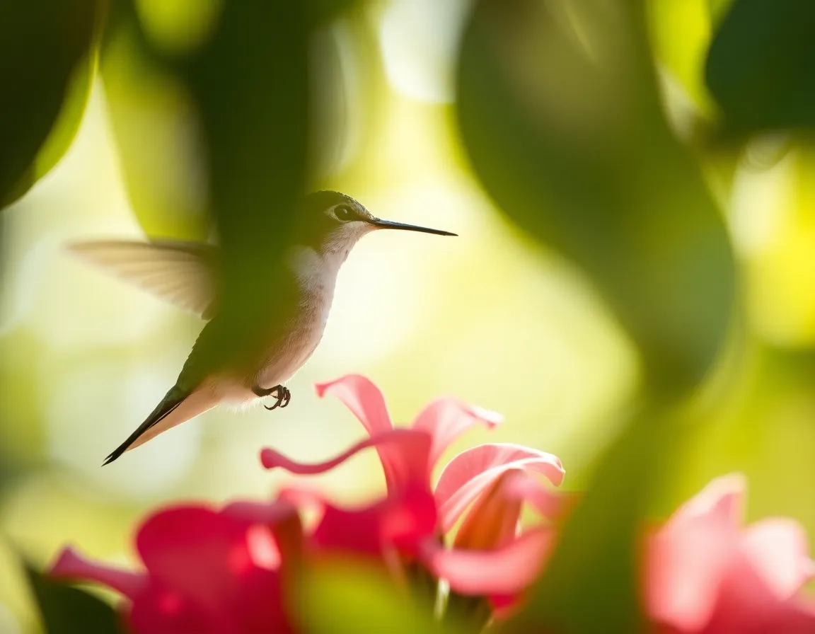 This exquisite macro photograph features a delicate hummingbird sipping nectar from a brightly colored flower, encapsulated in soft diffused daylight. The selective focus draws attention to the vibrant iridescent feathers of the hummingbird, while the surrounding floral details create a gentle painterly bokeh effect. The colors are natural and muted, ensuring the hummingbird stands out beautifully in its vivid environment.