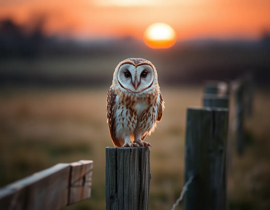This captivating image features a barn owl perched delicately on an old wooden fence during dusk. The warm glow of the fading sun accentuates the intricate details of the owl's feathers and its intense gaze. The natural muted tones of the scene create a serene atmosphere, inviting viewers to appreciate the beauty of wildlife at twilight. The composition leads the eye along the fence, enhancing the sense of tranquility and connection to nature.