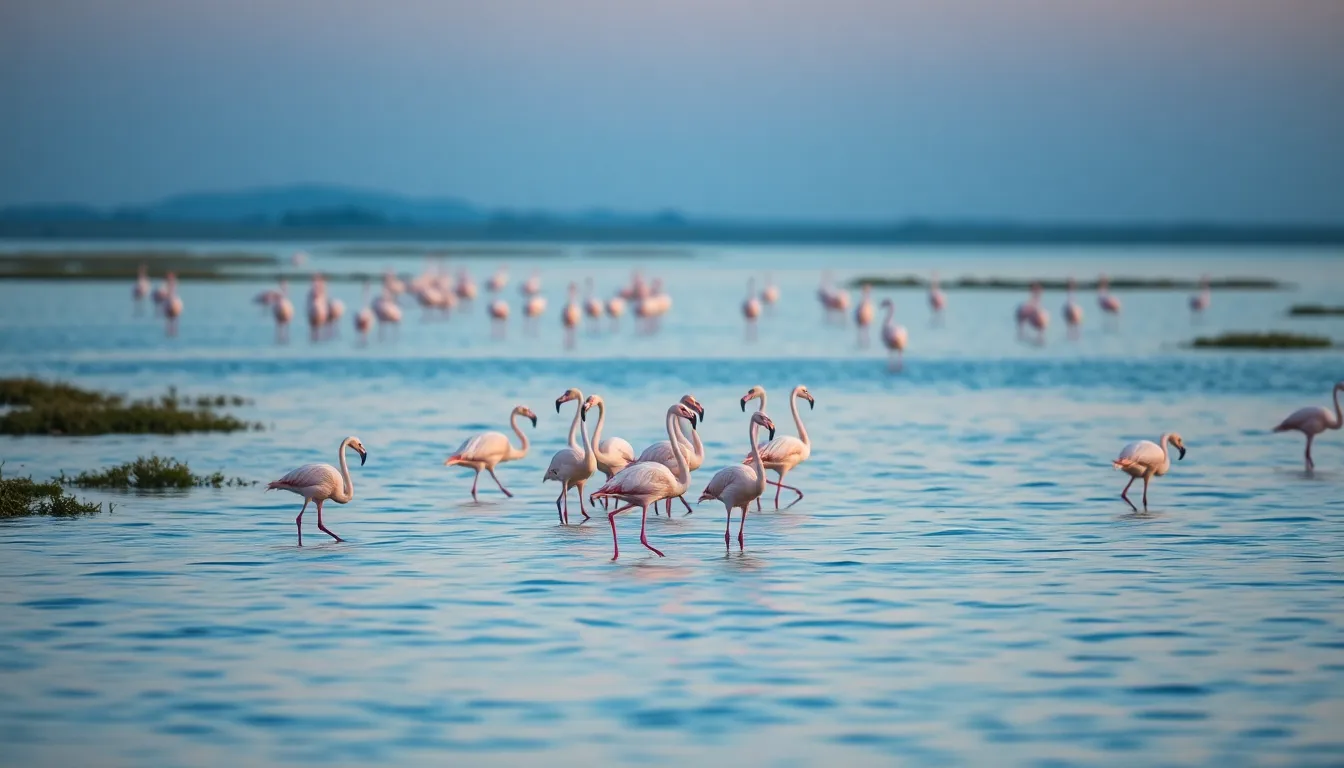 In this tranquil twilight scene, a flock of beautiful flamingos gracefully wades in the calm waters of a serene lagoon. The soft ambient light bathes the scene in gentle pink and blue hues, creating a peaceful atmosphere. Their elegant forms are sharply defined against the blurred marsh vegetation, highlighting their stunning plumage. This photorealistic image captures the beauty of wildlife in harmony with nature, inviting viewers to appreciate the serene elegance of these magnificent birds.