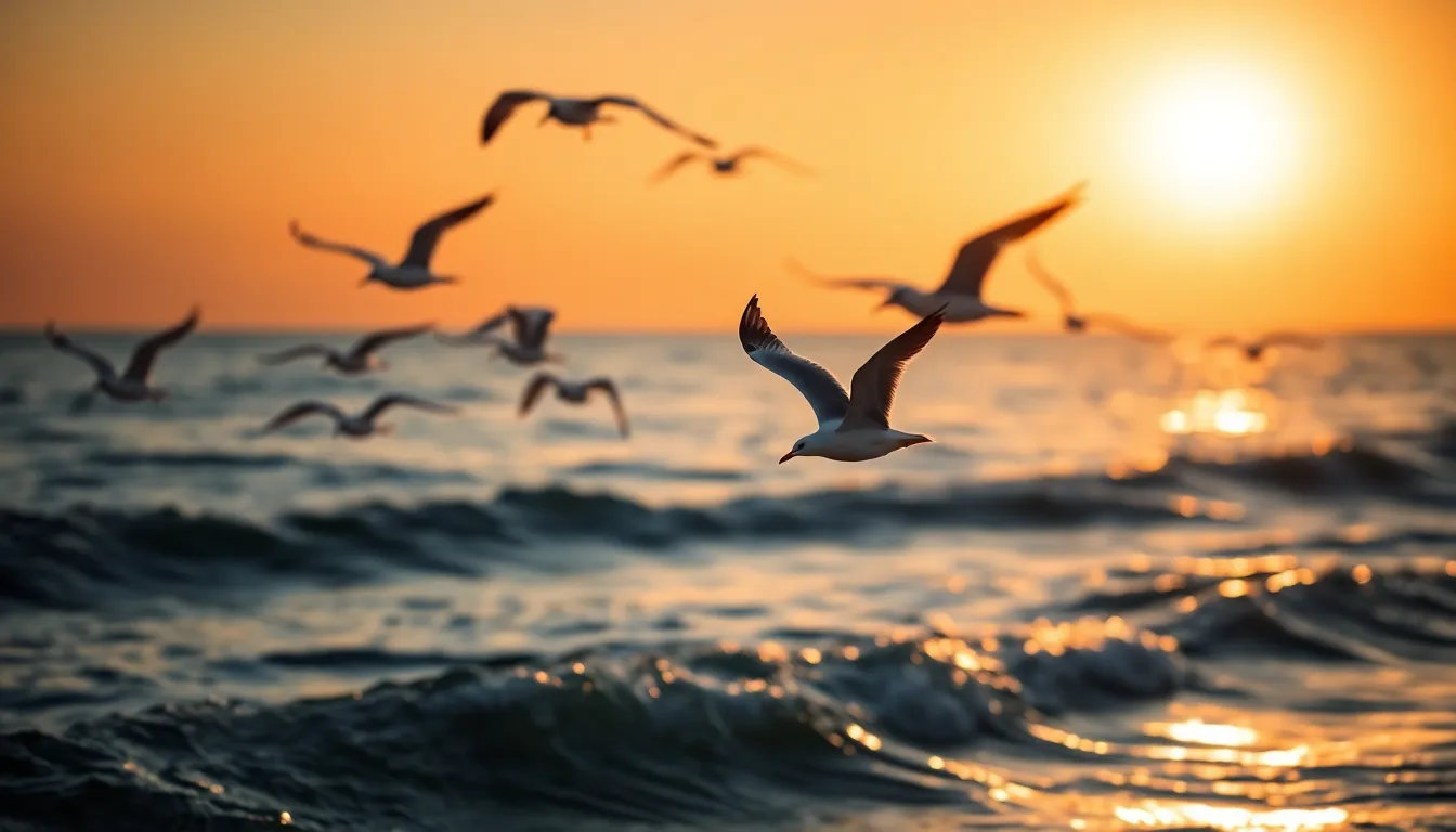 A breathtaking flock of seagulls takes flight over a shimmering ocean at sunrise, as the warm golden hues illuminate the scene. The soft light enhances the details of the birds' feathers and reflects beautifully on the water's surface. With a shallow depth of field, the nearest seagulls are sharply focused, while the others fade gently into the background. The composition's leading lines created by the waves draw the viewer's eye toward the horizon, capturing the essence of freedom and tranquility.