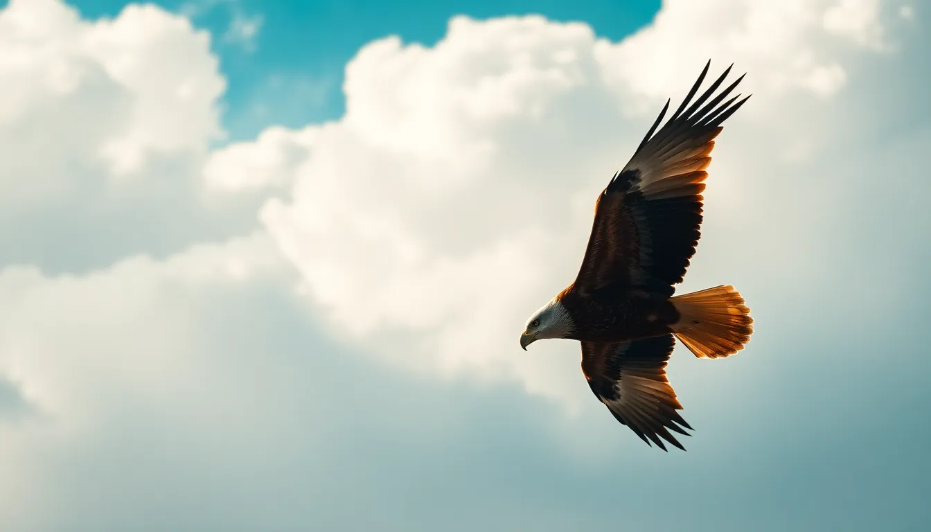 This striking image showcases a majestic eagle soaring gracefully against a backdrop of dramatic clouds. Natural diffused daylight highlights the powerful wings and feathers, creating a stunning contrast against the sky. With a shallow depth of field, the blurred clouds emphasize the eagle, enhancing its grandeur and evoking a sense of freedom. The cinematic color grading adds depth to the scene, inviting viewers to appreciate the beauty of this magnificent bird in flight.