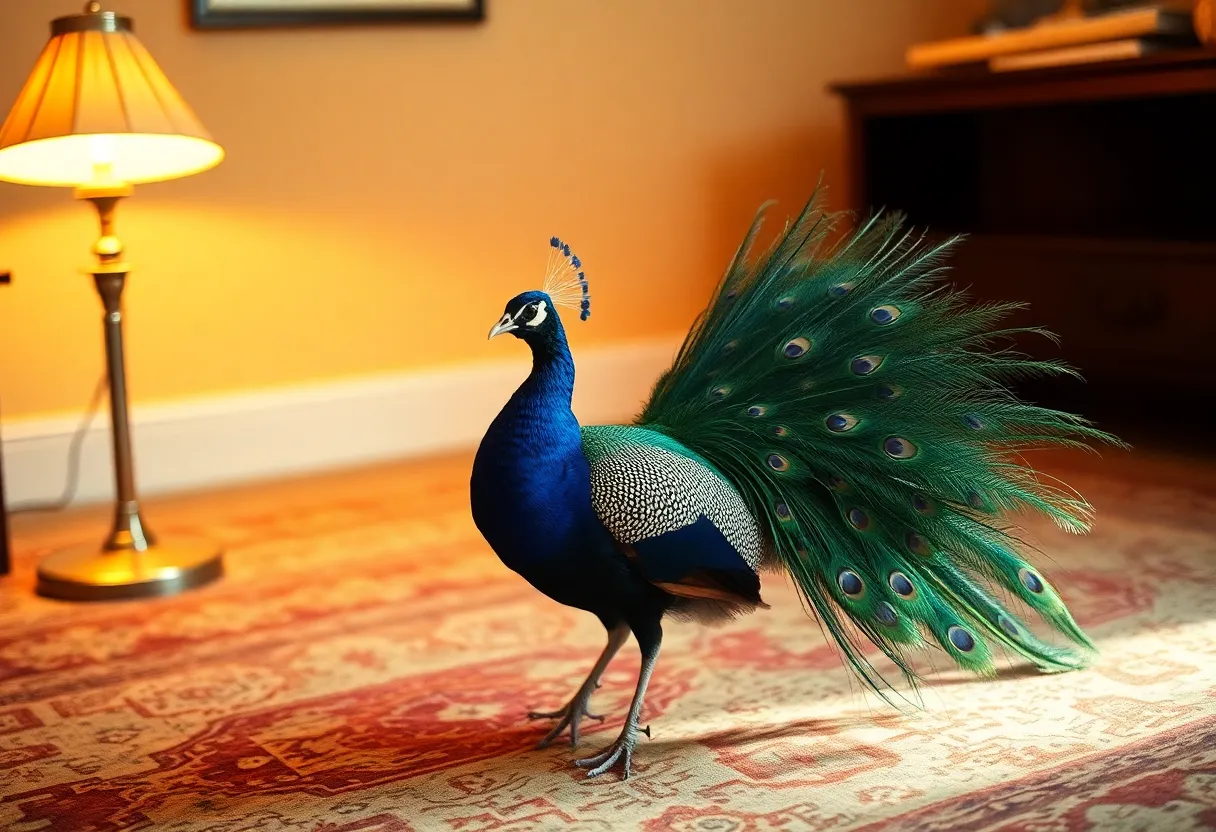 An elegant peacock proudly displays its vibrant tail feathers in a cozy, dimly lit room, warmed by the glow of a tungsten lamp. The intricate details of its plumage are accentuated against the rustic carpet background, adding depth and warmth to the image. The centered composition invites admiration for this stunning bird, showcasing nature's artistry.