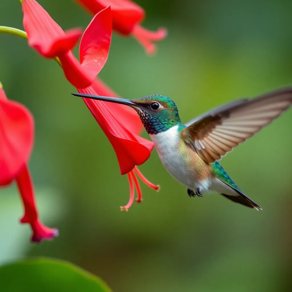 An exquisite close-up of a hummingbird in mid-flight near a striking red flower. The soft overcast light captures the delicate feathers and details of the bird while softly illuminating the vibrant petals. The depth of field isolates the subject beautifully, creating a stunning sense of motion and life. This image encapsulates the beauty and intricacy of nature at its finest.