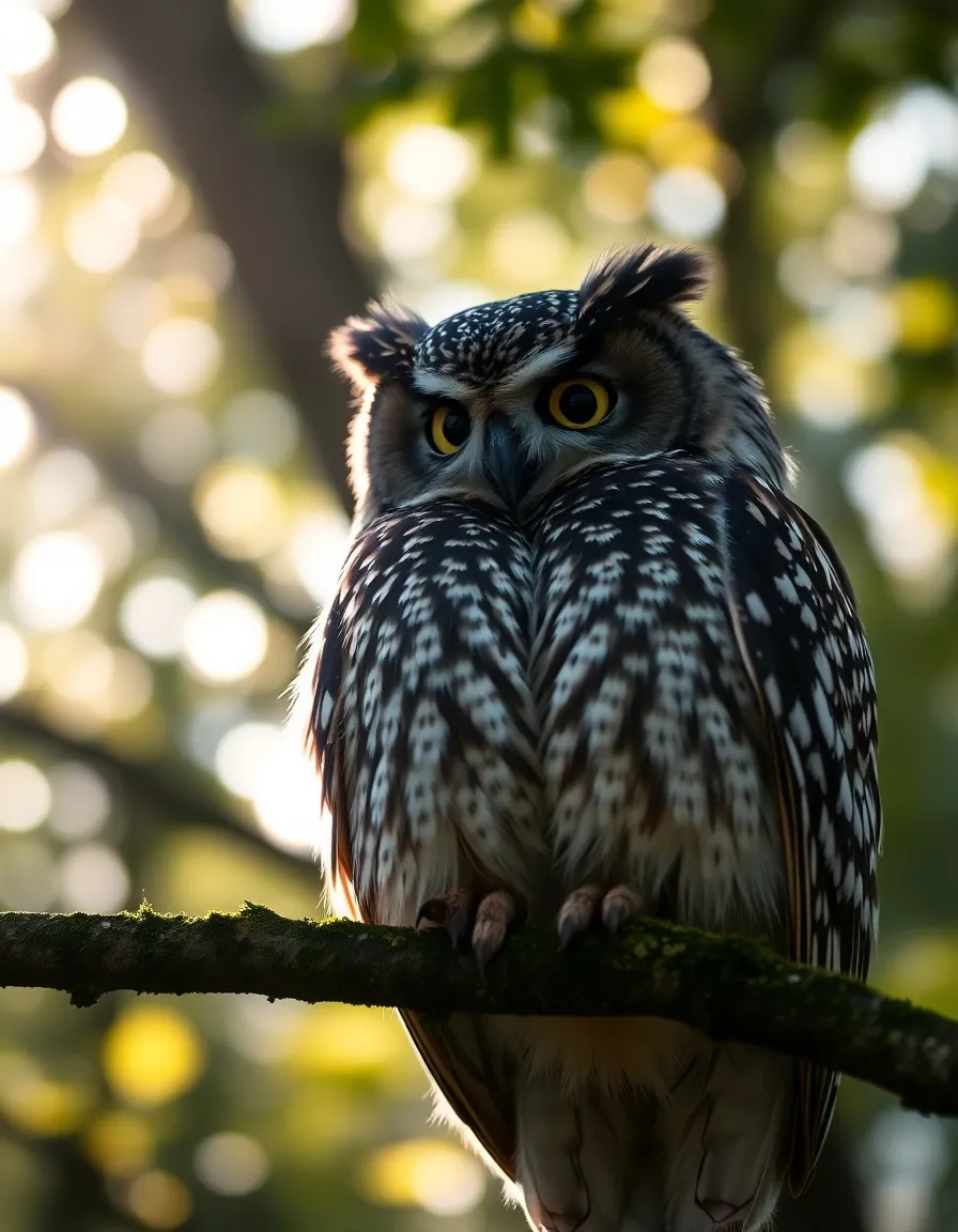 A majestic owl sits regally on a moss-covered branch, perfectly captured in the soft dappled sunlight filtering through the forest canopy. The rich texture of its feathers contrasts beautifully with the blurred greenery in the background, drawing the viewer's eye directly to the bird's intense gaze. This ethereal woodland scene embodies tranquility and the intricate beauty of nature.