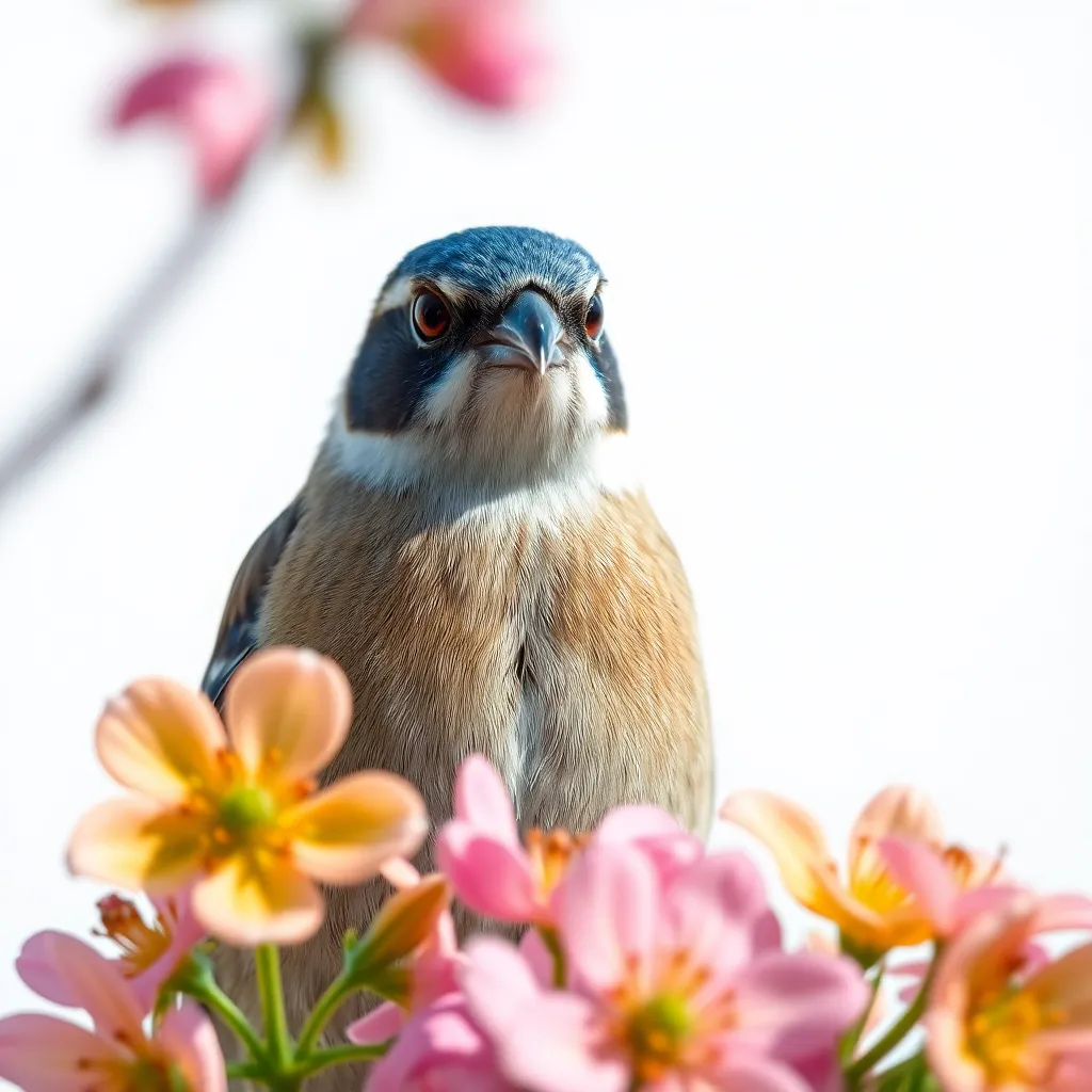 An exquisite close-up of a vibrant bird nestled among blossoming flowers, vividly portrayed with rich, saturated colors. The soft daylight enhances the intricate feather patterns, drawing attention to the bird's sharp eyes and delicate features. The background dissolves into a dreamy bokeh, focusing the viewer's attention on the subject. This stunning composition reflects the delicate harmony of nature.