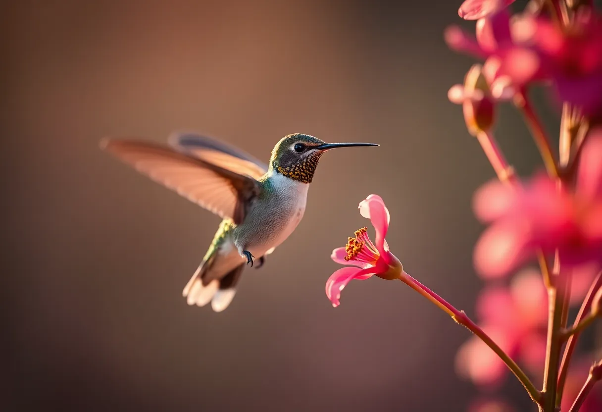 In this enchanting image, a hummingbird hovers delicately near a vividly colored flower during twilight. The iridescence of the bird's feathers catches the light beautifully, while the soft bokeh enhances the magical atmosphere. The composition uses leading lines from the flower stems to draw attention to the hummingbird, creating a sense of harmony in nature. Perfect for those seeking a serene and captivating representation of wildlife.