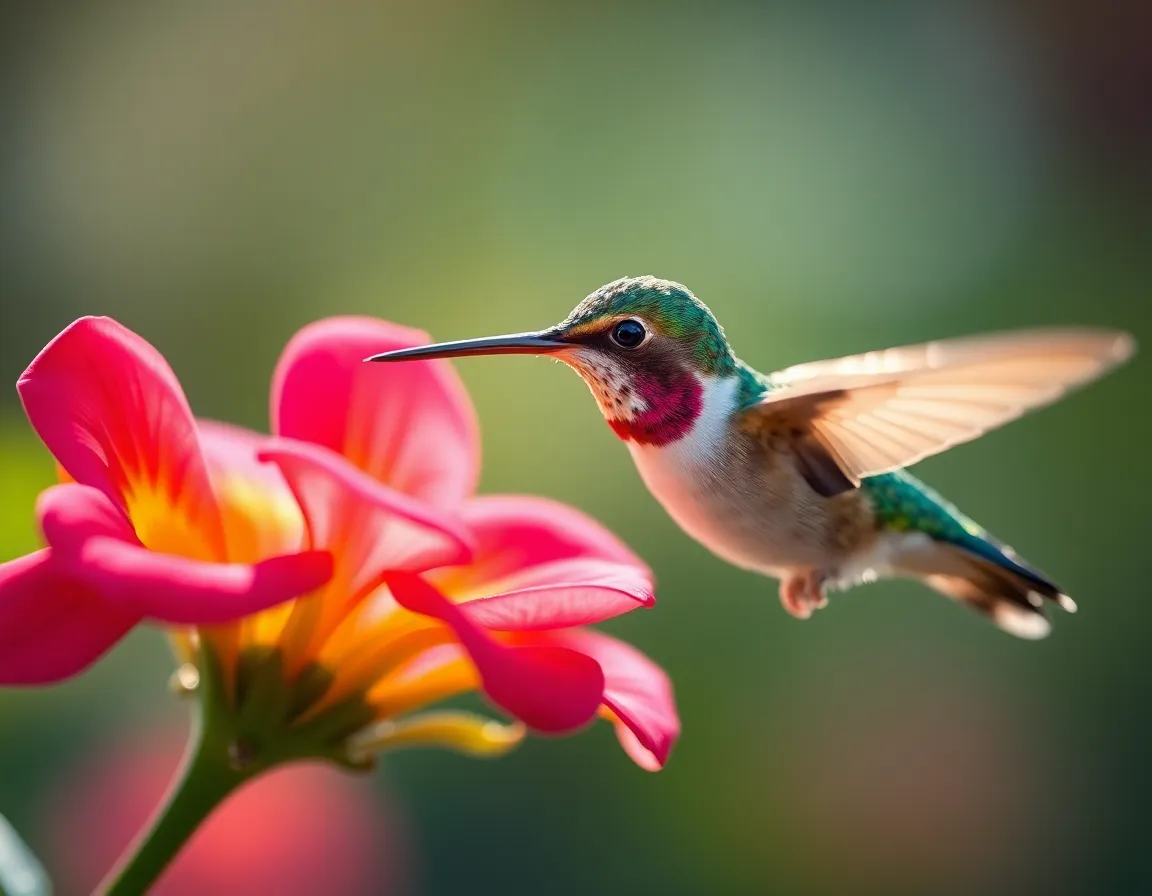 This mesmerizing close-up captures a hummingbird in mid-hover, its iridescent feathers shimmering in the light as it approaches a vibrant flower. The rich greens of the surrounding foliage create a lush backdrop, while the soft bokeh emphasizes the delicate beauty of the bird and its surroundings. The image radiates life and color, drawing the viewer into the intimate world of these fascinating creatures.
