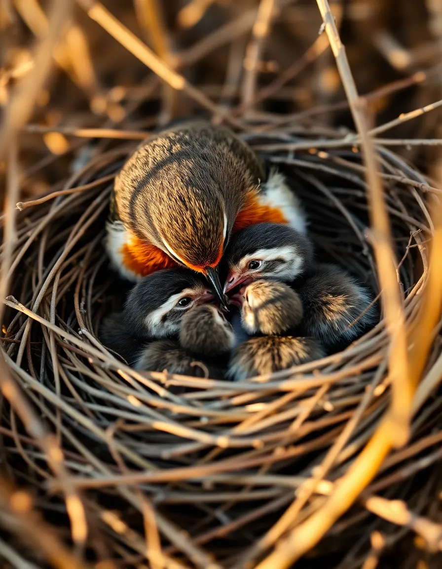 In this heartwarming photograph, a mother robin is seen feeding her chicks nestled in a delicate nest made of twigs. The cool morning light illuminates the scene, showcasing the fine details of the nest and the tender relationship between the birds. With a soft focus on the robins, the composition evokes feelings of warmth and nurturing in nature. The muted colors complement the serene atmosphere, making this image ideal for portraying the beauty of wildlife parenting.