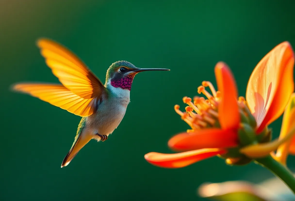 A stunning close-up captures a hummingbird in mid-flight, hovering gracefully near a bright, vibrant flower. The warm lighting of golden hour enhances the rich reds and yellows, creating an enchanting atmosphere. This image emphasizes the exquisite details of the hummingbird’s iridescent feathers and the textural quality of the flower. The shallow depth of field beautifully separates the bird from the soft, blurred background, captivating nature enthusiasts with its vivid colors.