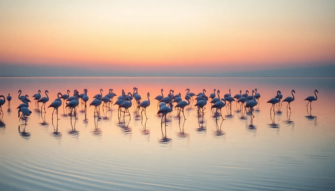 A serene scene of a flock of flamingos gracefully wading through shallow water as the first light of dawn breaks across the horizon. The soft pinks and golds of the sunrise reflect beautifully on the calm water, creating a tranquil atmosphere. With everything in sharp focus, from the vivid flamingos to the distant horizon, the composition frames this peaceful moment perfectly. Rippling water textures further enhance the beauty of this natural spectacle, evoking feelings of calm and wonder.