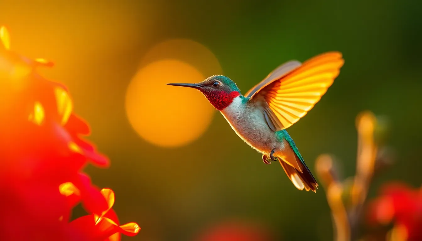 This mesmerizing close-up showcases a brilliant hummingbird in mid-flight, surrounded by vibrant red flowers during the golden hour. The warm light casts a soft glow on the bird's iridescent feathers, making them shimmer against the rich floral backdrop. The bokeh background blurs beautifully, emphasizing the delicate features of the hummingbird. The composition captures the essence of nature's beauty, inviting viewers into this enchanting moment.
