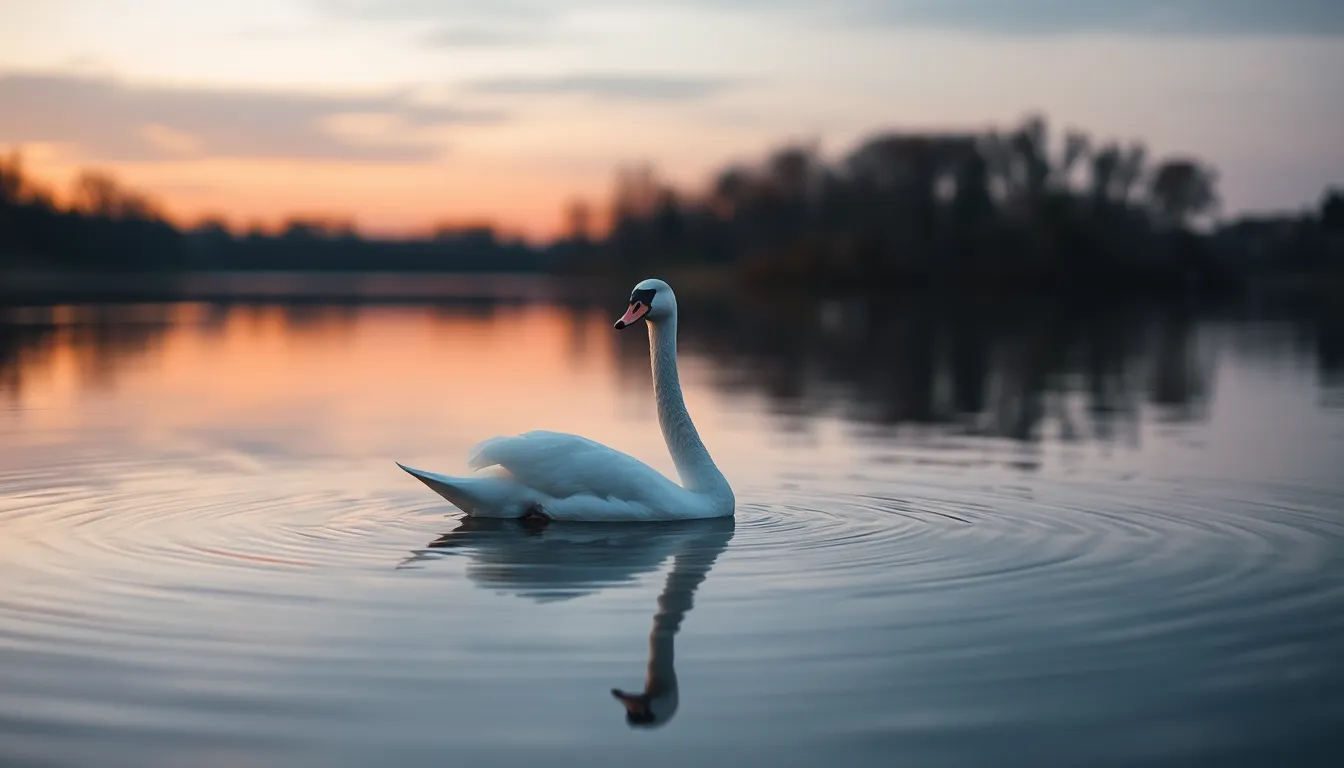This serene image features a solitary swan gliding gracefully across a still lake at dusk. The warm tones of the fading light reflect beautifully on the water's surface, creating a peaceful atmosphere. The symmetrical composition emphasizes the elegance of the swan, with ripples adding a subtle texture. This tranquil scene is perfect for evoking calmness and beauty in nature, appealing to those who appreciate wildlife and landscapes.