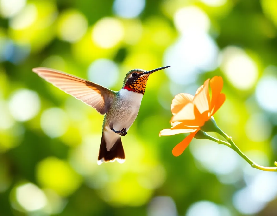 This exquisite photograph captures a hummingbird in mid-hover, poised delicately near a vibrant flower. The dappled sunlight creates a shimmering effect on the bird's iridescent throat, drawing attention to its dynamic form and rapid movement. With a selectively focused composition that melts the background into a soft blur, the image conveys a sense of grace and beauty in the natural world. The warm tones and creamy highlights add to the ethereal quality of the scene.
