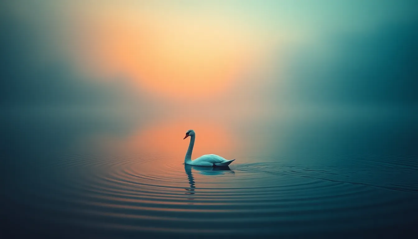 This tranquil image features a lone swan serenely gliding across a misty lake at dawn. The soft light filtering through the fog creates an ethereal ambiance, while cinematic color grading enhances the mood of the scene. With a shallow depth of field that beautifully isolates the swan, the rippling water adds dynamic texture and dimension. This composition captures the grace and peace found in nature, making it a perfect representation of wildlife's quiet moments.