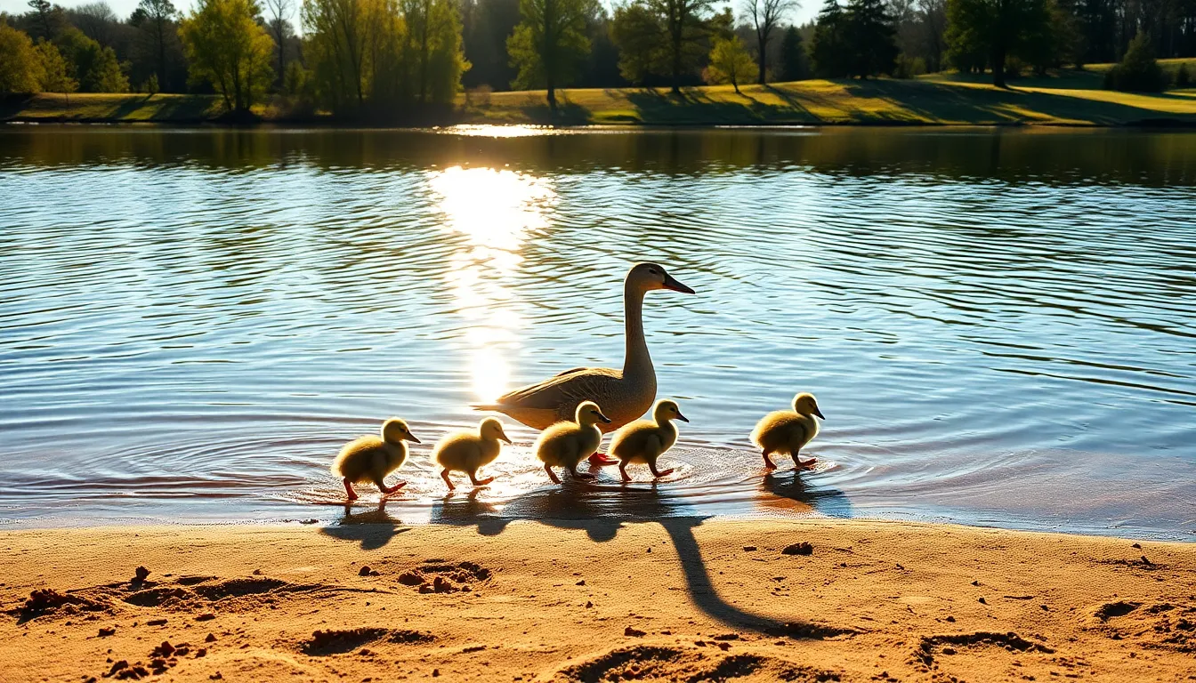 This delightful image features a mother duck guiding her fluffy ducklings across a sunlit pond, embodying the warmth of springtime. Bright reflections ripple across the water, while lush green reeds frame the scene, adding depth and texture. The clarity of the image allows viewers to appreciate the intricate details of the ducks and their environment. The vibrant color scheme of greens, browns, and blues creates a lively and inviting atmosphere, celebrating nature’s beauty.