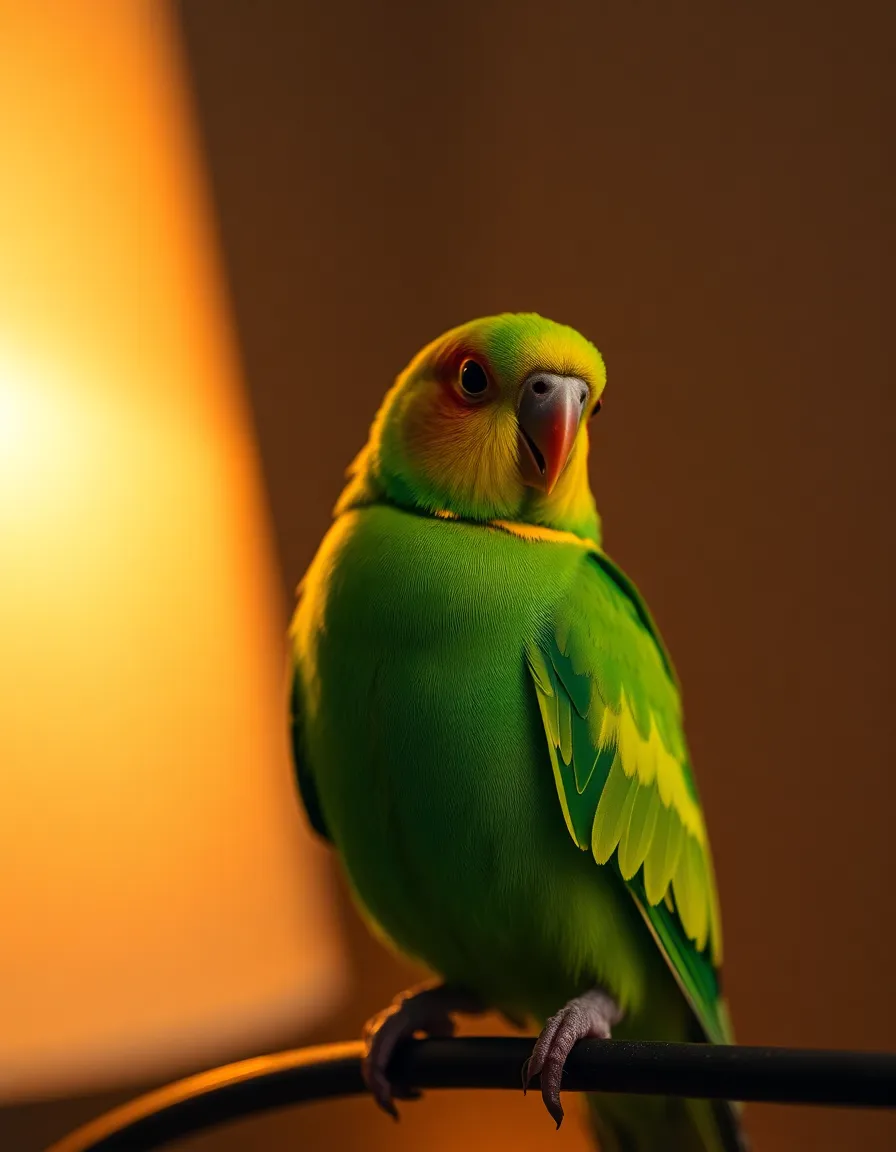An intimate portrait of a colorful parakeet, captured in warm, soft light that highlights the intricate details of its vibrant feathers. The distinctive green and yellow plumage contrasts beautifully against the softly blurred dark background. The selective focus draws the viewer's attention directly to the parakeet, creating an enchanting atmosphere. This captivating image evokes a sense of warmth and closeness, ideal for bird lovers and wildlife enthusiasts.