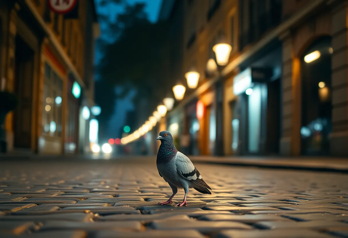 In this dramatic urban scene, a solitary pigeon rests on a cobblestone street, captured under the warm glow of tungsten lighting from hanging lamps. The shallow depth of field isolates the bird beautifully, drawing focus to its natural features amidst the intricate texture of the cobblestones. The composition utilizes leading lines to guide the viewer's gaze toward the pigeon, creating a moment of quiet reflection within the bustling city.