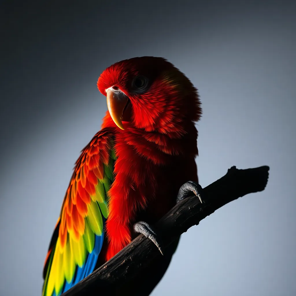 This captivating close-up portrait showcases a vibrant parrot perched gracefully on a branch. The intricate details of its colorful feathers are beautifully highlighted by dramatic studio lighting, creating a striking contrast against the rough bark. With a softly blurred background, the parrot's vivid reds, greens, and yellows are brought to life, making it the focal point of the image. The composition expertly highlights the parrot's expressive eye, inviting viewers into the bird's world.