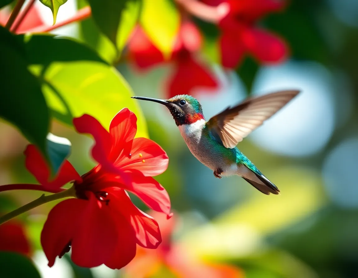 This stunning close-up captures a vibrant hummingbird as it hovers gracefully near a colorful flower in a tropical garden. Soft morning sunlight filters through the surrounding foliage, creating a magical atmosphere with gentle highlights playing on the bird's iridescent feathers. The creamy bokeh beautifully isolates the subject, emphasizing the intricate details of both the hummingbird and the blossom. This image showcases the vibrant colors of nature, highlighting the beauty and elegance of these small, remarkable birds.