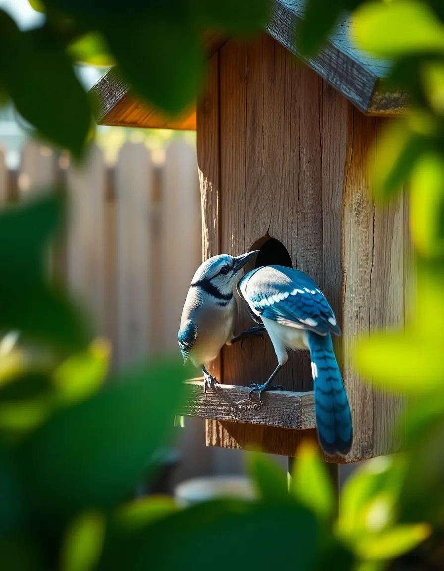 This lively image captures a playful blue jay perched on an old wooden bird feeder in a sunlit backyard. The warm sunlight bathes the scene, enhancing the vibrant colors of the jay’s feathers and the rustic texture of the feeder. The shallow depth of field beautifully isolates the bird, ensuring all attention is on its lively pose. This scene exudes a joyful morning atmosphere, showcasing the charm of backyard birdwatching.