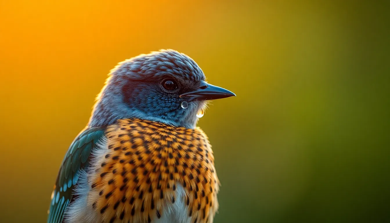 A beautiful bird perched gracefully on a branch, illuminated by the warm golden hour light. The scene captures the intricate details of the bird's feathers, showcasing a stunning array of colors. With a creamy blurred background, the image draws attention to the bird's calm and regal pose. The soft lighting enhances the natural beauty of the feathers, creating a serene and inviting mood.