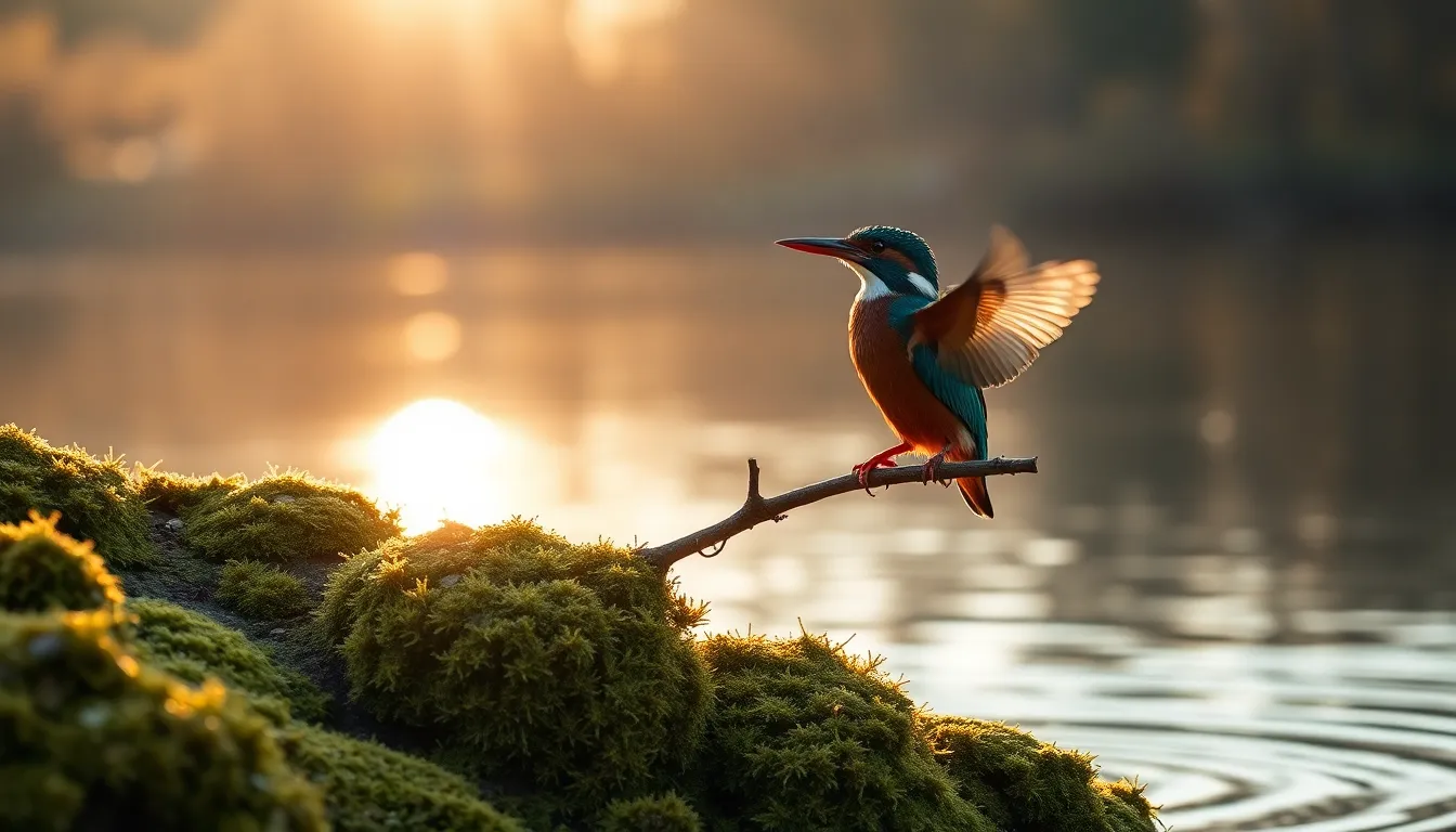 A vibrant kingfisher rests on a moss-laden branch over a serene lake during the morning hours. Soft golden light enhances the colorful plumage of the bird, while a slight mist hovers above the water, creating a dreamy mood. The photograph captures intricate details of the kingfisher's feathers and the delicate texture of the moss, framed beautifully by the surrounding tranquil environment.