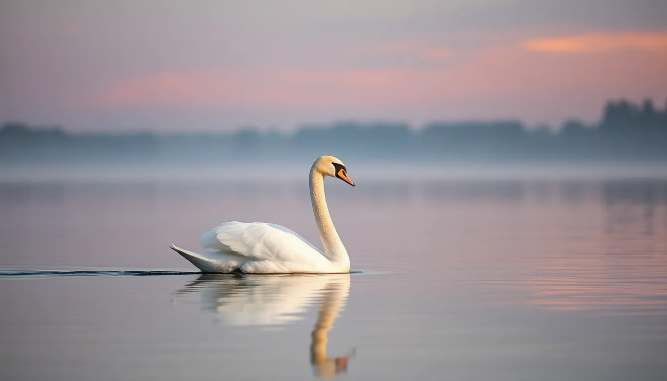 A breathtaking view of a swan effortlessly gliding across a still lake at dawn. The soft morning light casts a gentle glow on its pristine feathers, creating a serene and peaceful atmosphere. The water reflects the soft pastels of the sky, while the blurred background enhances the focus on the elegant bird. This image evokes tranquility and the beauty of early morning nature.