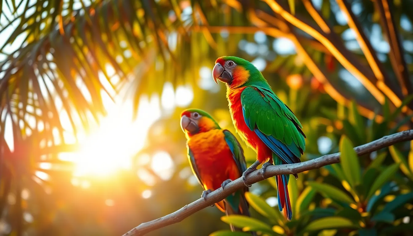 This vibrant image showcases two colorful parrots perched on a branch amidst a lush tropical setting, illuminated by the bright golden hour light. The dynamic colors of the birds pop against the deep greens of the foliage, creating a striking visual contrast. The composition follows the rule of thirds, placing the parrots delightfully off-center while maintaining clarity throughout the scene.